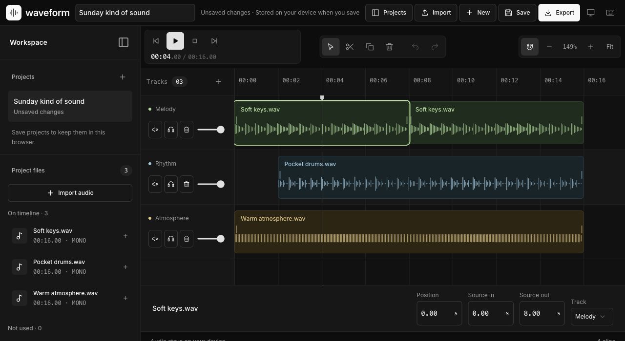 Waveform audio editor with four waveform clips layered across Melody, Rhythm, and Atmosphere tracks